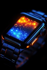 Poster - A smartwatch shows a vivid blue and orange cosmic pattern on a dark background
