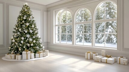 Sticker - This festive room showcases a beautifully decorated white Christmas tree, surrounded by gifts and snowflakes adorning arched windows, creating a warm holiday ambiance