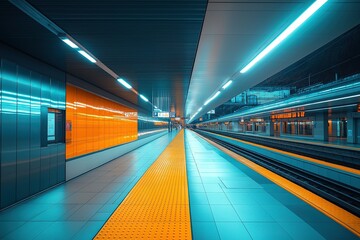 A contemporary subway platform has bright orange walls and bold blue lighting