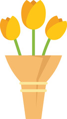 Poster - minimalist vector illustration of a bouquet of yellow tulips wrapped in brown paper standing in a va
