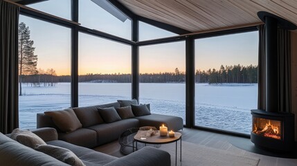 Sticker - Enjoy the warmth of a stylish cabin living room featuring a fireplace, comfy sofas, and stunning views of snow-covered fields under a sunset sky