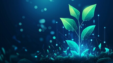 Poster - conceptual illustration of tech inspired plant growth, symbolizing innovation and sustainability. vibrant green leaves emerge from digital landscape, representing fusion of nature and technology