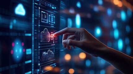 Poster - A hand interacts with a digital cloud interface, symbolizing technology and data management.
