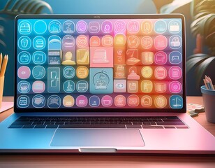 A laptop screen showcases a vibrant array of pastel-colored e-learning icons, representing the diverse world of online learning.