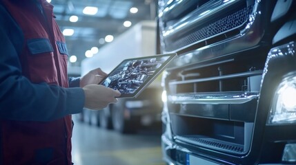 Poster - A technician inspects a truck using a tablet in a workshop environment.