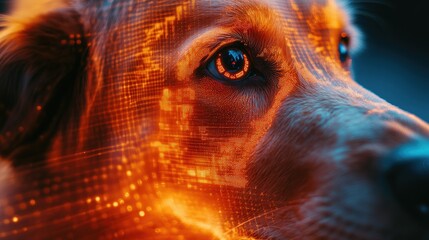 Poster - Orange cyber technology integrated into a dog face, futuristic close-up with copy space.