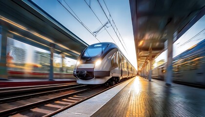 A suburban train blurs through a city station, capturing the fast-paced energy of modern urban life.