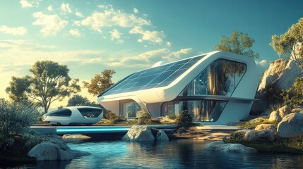 Sticker - Modern Futuristic Home with Solar Panels and Electric Vehicle by a Pond