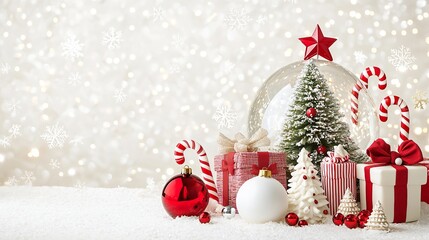 Wall Mural - Festive Christmas scene with red ornaments, candy canes, wrapped gifts, and a snow globe, placed next to a snow-covered Christmas tree. Soft, glowing bokeh lights fill the light background.