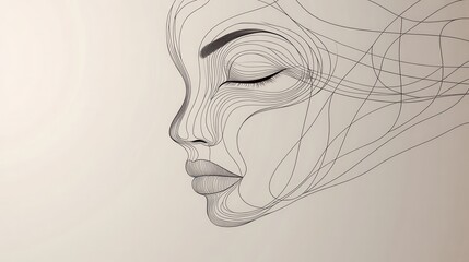 Poster - A flowing, abstract representation forms the outline of a female face, emphasizing artistic lines and contours in a minimalist design. Generative AI