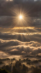 Wall Mural - A cloudy sky with the sun partially hidden behind the clouds, with sunbeams breaking through and illuminating the scene below in soft golden light
