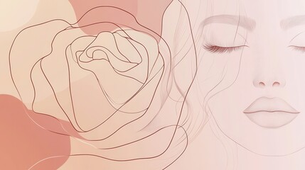 Aufkleber - A flowing line art composition features a rose petal seamlessly blending into a woman’s tranquil face, highlighting elegance and nature. Generative AI