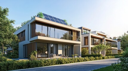 Poster - Modern townhouse with solar panels and lush landscaping