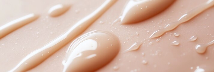 Poster - A close-up view of liquid foundation droplets revealing its creamy consistency and subtle shine against a neutral backdrop. Generative AI