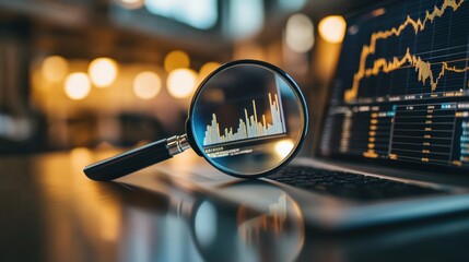 Poster - A magnifying glass over a laptop displaying financial charts and data analysis.