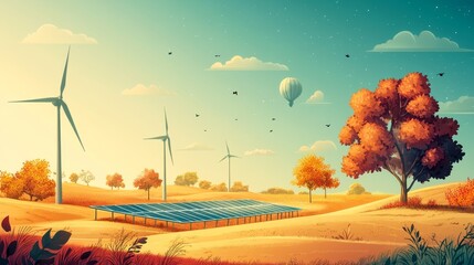 Autumn Transition to Solar Energy, Futuristic landscape showcasing vibrant colors, depicting the shift from fossil fuels to renewable energy sources.