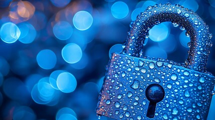 Poster - close up of padlock covered in water droplets, set against vibrant blue bokeh background. droplets create striking visual effect, enhancing padlocks metallic surface