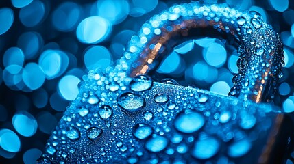 Poster - close up of padlock covered in water droplets, showcasing intricate details and vibrant blue background. droplets create captivating visual effect, enhancing locks texture and shine