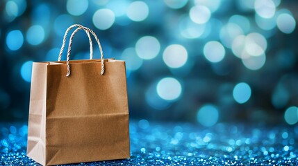 Poster - brown paper bag stands prominently against shimmering blue bokeh background, creating striking contrast that evokes sense of celebration and festivity