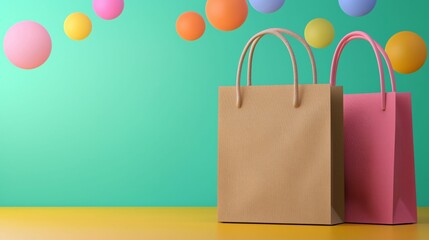 Poster - Colorful shopping bags stand against vibrant background with playful bokeh lights, creating cheerful and inviting atmosphere. Perfect for retail and DIY projects