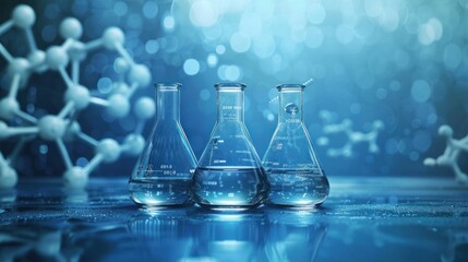 Three Erlenmeyer flasks in chemical science laboratory with molecular structure with blur effect background AI generated image