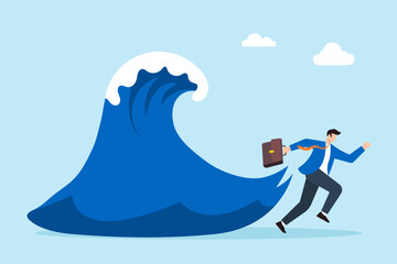 Poster - Flat illustration of businessman escapes from dangerous wave symbolizing running away from business crisis.