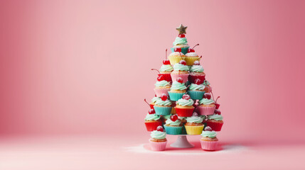 vibrant Christmas tree constructed entirely from colorful cupcakes, topped with a cherry, set against a pastel backdrop, perfect for a bakery's holiday promotion 