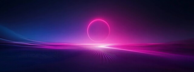 Poster - Abstract background with glowing neon pink circle in dark blue background.