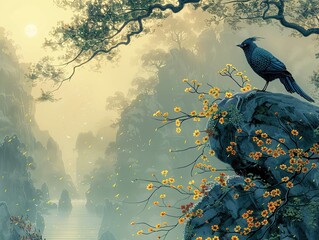 Wall Mural - Misty Mountain Landscape with a Blue Bird