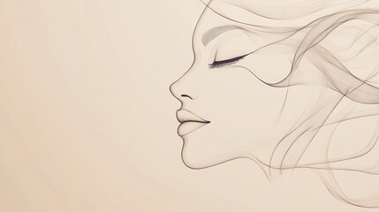Poster - Delicate, flowing lines create an elegant representation of a female face, showcasing her serene expression and harmonious features. Generative AI