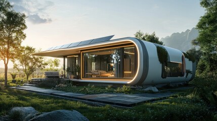 Canvas Print - Modern, Sustainable, and Sleek Curved House with Solar Panels and Surrounding Greenery