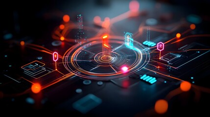 Poster - Intricate abstract cityscape depicting the energy and interconnectivity of a smart transportation network featuring a dynamic web of glowing lines geometric shapes