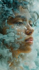 Poster - Surreal Underwater Portrait: Woman's Face Emerges from Liquid Abstract