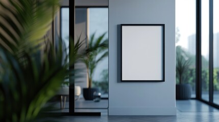Poster - A minimalist interior featuring a blank frame on a wall amidst indoor plants.