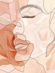 Leinwandbilder - This artwork features a delicate flow of line art where a rose petal intricately transforms into the outline of a tranquil woman's face. Generative AI