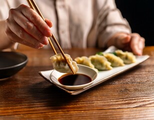 a hand uses chopsticks to dip a dumpling into a dish of soy sauce, a delightful illustration of asia