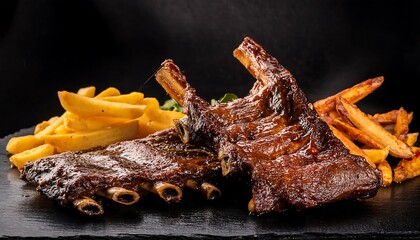 Canvas Print - Sizzling Barbecued Ribs with Golden French Fries on Slate Platter