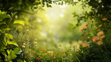 Poster - Wildflowers blooming in a lush garden under soft sunlight with a tranquil green background