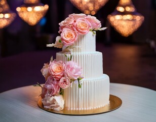 White luxury cake decorated with pink roses. Beautiful multi-tiered wedding cake stands on the table in the restaurant. Traditional wedding cake for the bride and groom. Pastry in the form of a cake