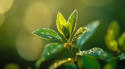 Sticker - Dew Drops on Fresh Green Leaves in Sunlight