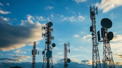 Silhouettes of multiple cell phone towers against blue sky with white clouds