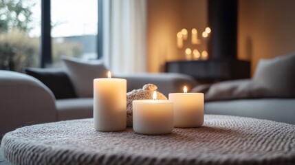 Wall Mural - Three Burning Candles on a Knitted Surface in a Cozy Interior