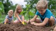 © lisbeth - Children planting trees and various plants in a sunny outdoor environment, engaging in environmental conservation activities while learning the importance of nature, teamwork, and sustainability