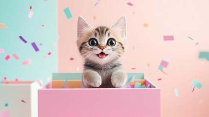 13 3D render of a playful little cat popping out of a pastel box with confetti flying around, ready to pounce