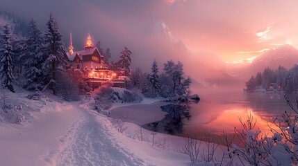 Canvas Print - Enchanting Winter Sunset Over a Snowy Lake and Cabin