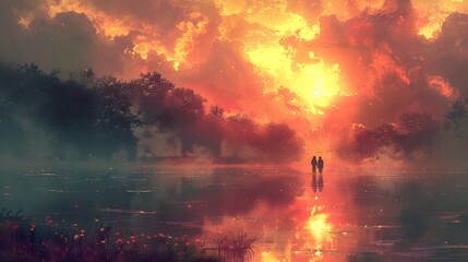 Wall Mural - Couple Silhouettes at Sunset Over a Tranquil Lake