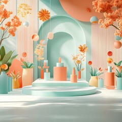 Poster - Tranquil 3D studio scene with soft pastel background bare floor and walls central product stand shadows from window create depth and focus on the display bright sunlit mockup