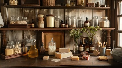 Rustic kitchen scene with wooden shelf holding jars of honey, soap, jam, peanut butter, jelly, pickles, olives, mustard. Natural ingredients and vintage decor.