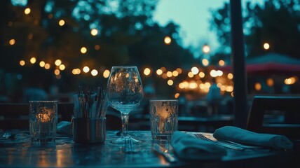 Elegant outdoor dining scene with glowing lights and table setting.