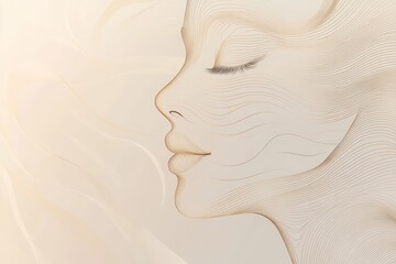 Poster - Soft, swirling lines create the outline of a tranquil female face, conveying peace and elegance against a light backdrop. Generative AI